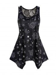 Celestial Sun Moon Star Allover Print Lace Panel Asymmetric Tank Top -  