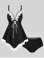 Modest Lace Panel Hollow Out Lace Up Scalloped Padded Tankini Swimsuit -  