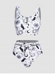Ensemble de Bikini de Bain Tankini Matelassé à Imprimé Lune Etoile et Soleil - Blanc S