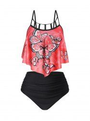 Maillot de Bain Tankini à Imprimé Papillon à Volants - Rose clair XXXL