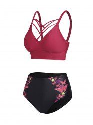 Maillot de Bain Tankini à Imprimé Fleuri à Coupe Haute en Treillis - Rouge foncé M