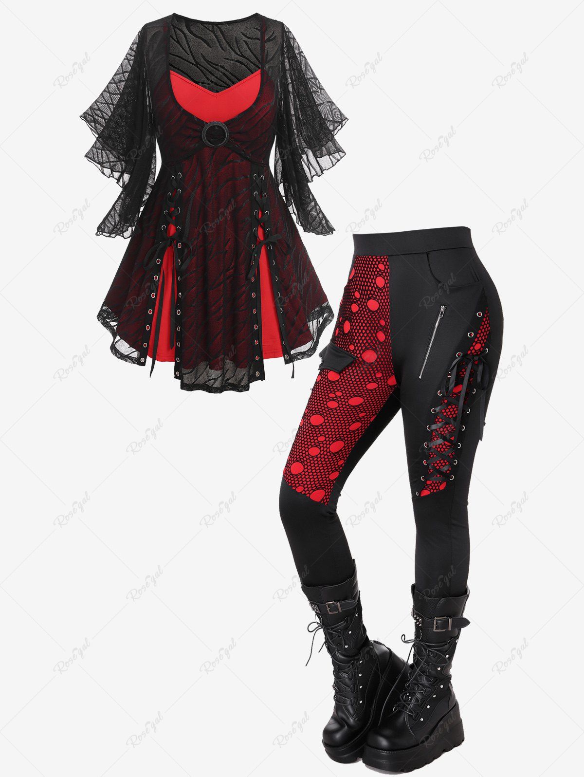 Best Mesh Jacquard Lace-up Butterfly Sleeve 2 In 1 Top And Mesh Overlay Lace-up Zippered Skinny Pants Gothic Outfit  