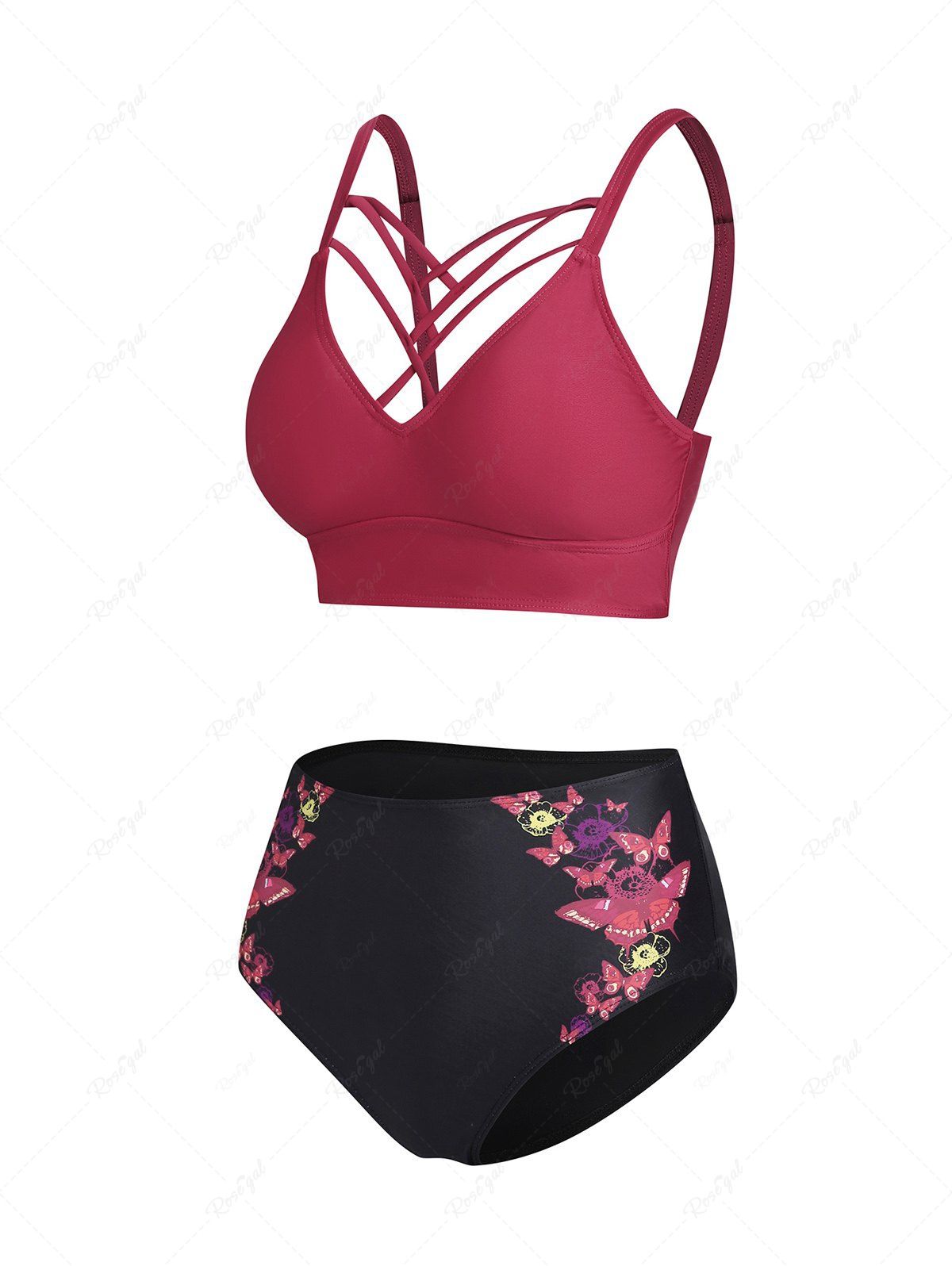 Maillot de Bain Tankini à Imprimé Fleuri à Coupe Haute en Treillis Rouge foncé XXXL