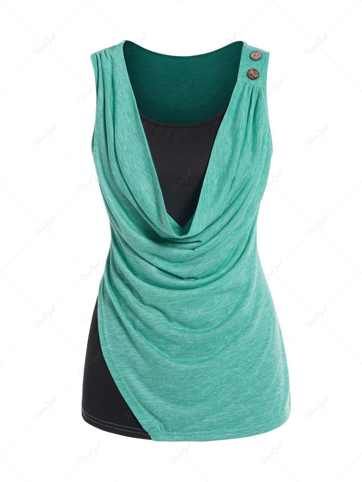 Latest Contrast Colorblock Draped Cowl Neck Mock Button Casual Tank Top  