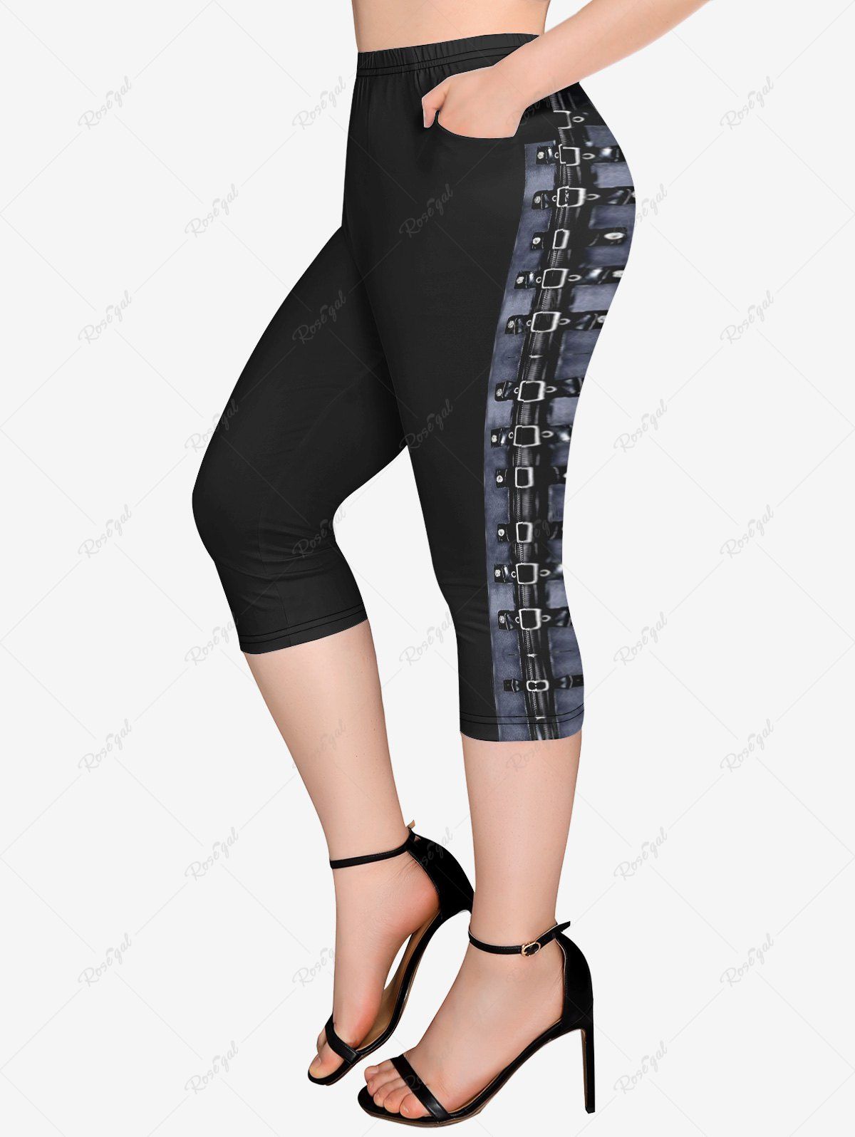 Fashion Plus Size Grommets Buckles 3D Print Pockets Capri Leggings  