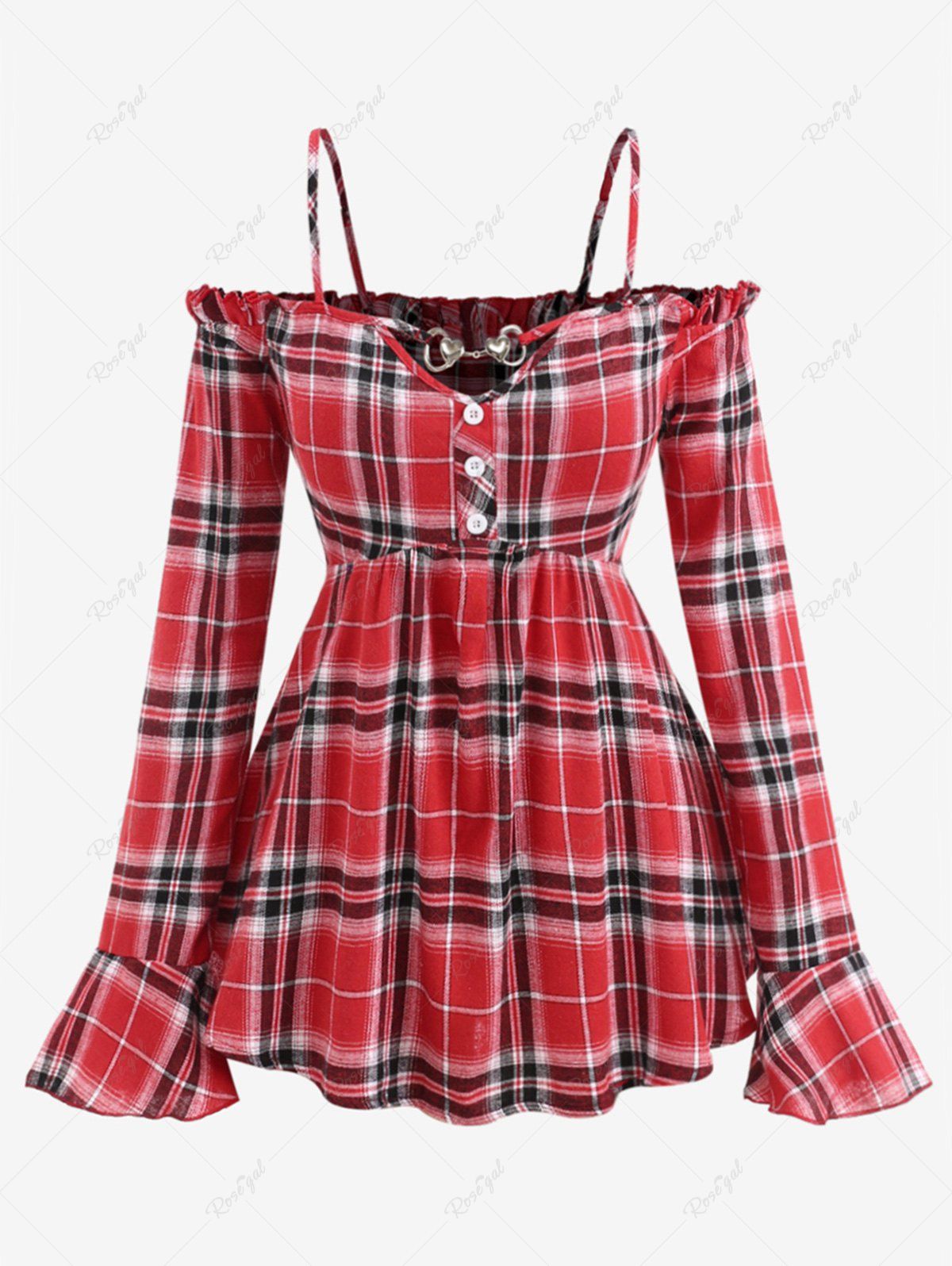 Discount Plus Size Plaid Heart Buckle Buttons Off Shoulder Poet Sleeves Ruched T-shirt  