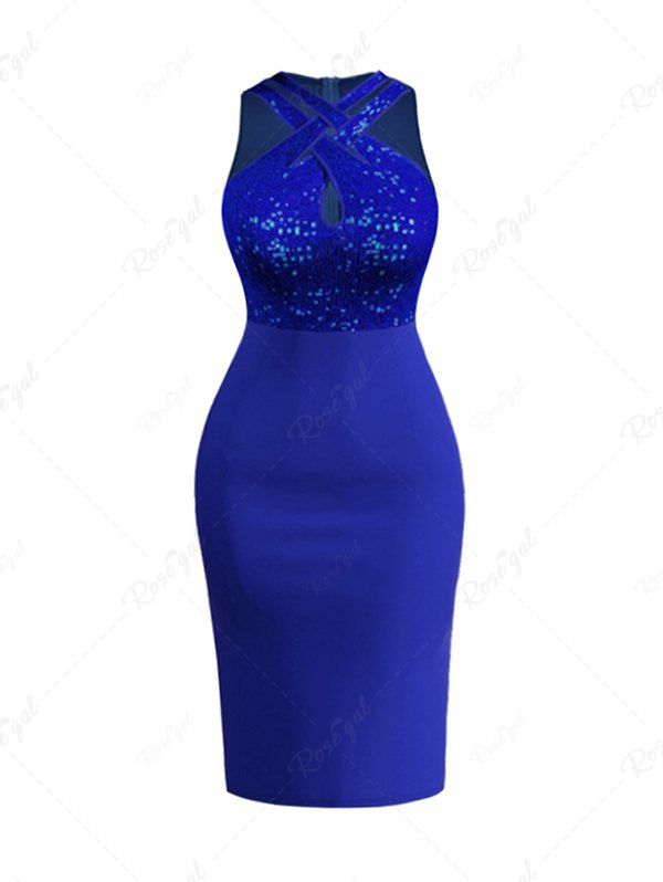 Robe de Soirée Moulante à Col Fendu à Dos Croisé à Paillettes Bleu L