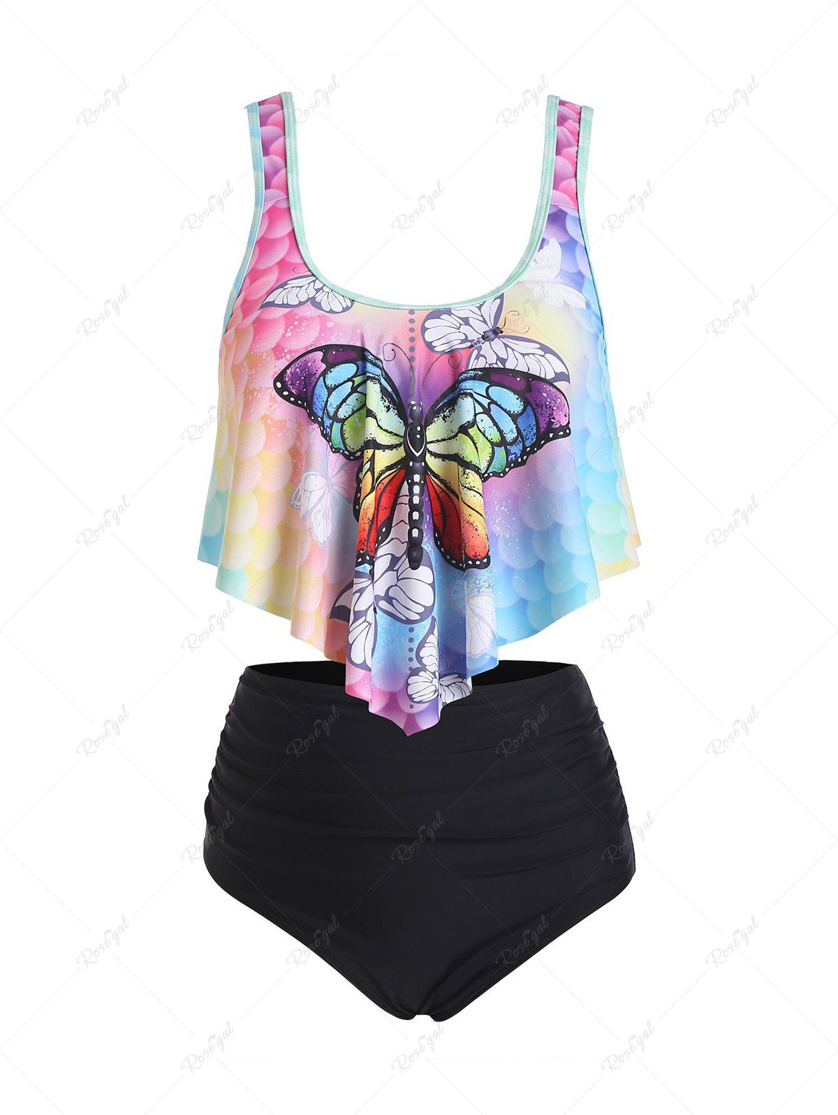 Unique Flounce Overlay Mermaid Butterfly Print Tummy Control Tankini Swimwear  