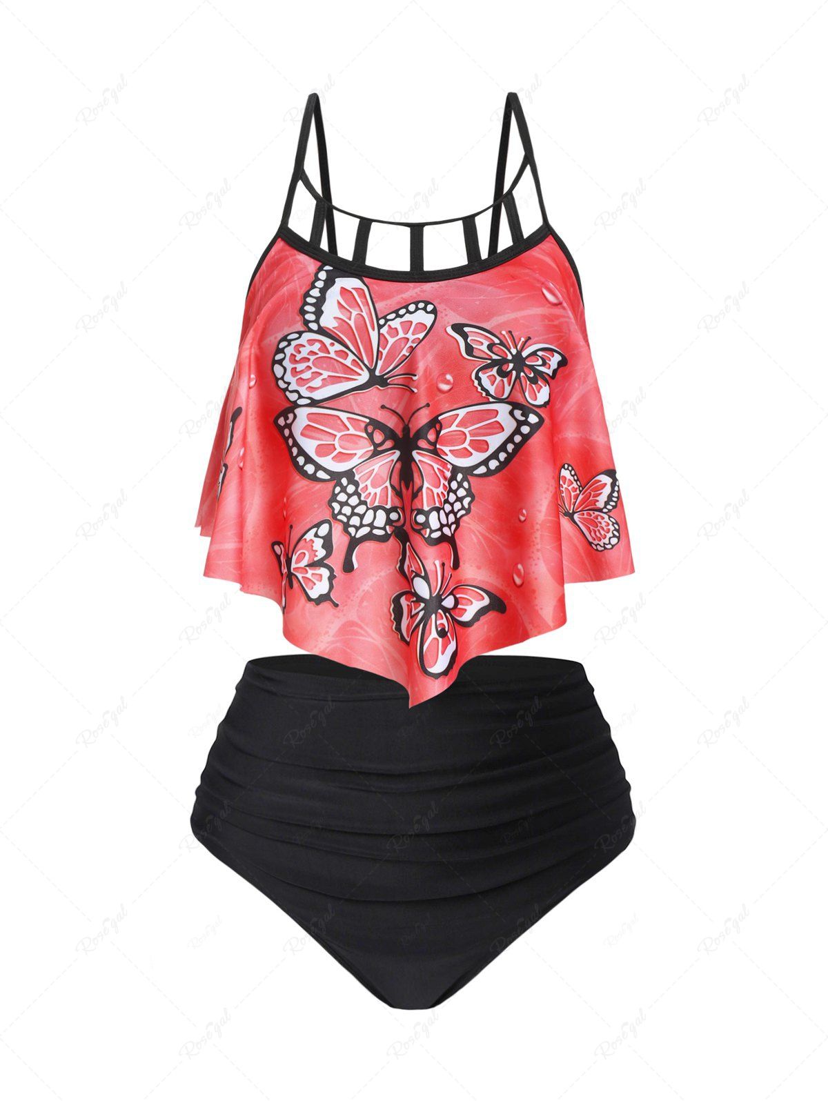 Maillot de Bain Tankini à Imprimé Papillon à Volants Rose clair XXXL
