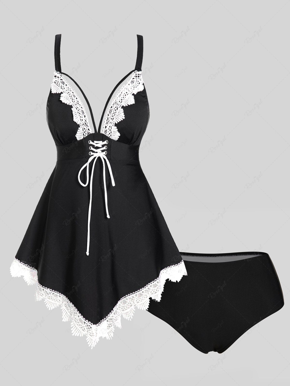 Fancy Modest Lace Panel Hollow Out Lace Up Scalloped Padded Tankini Swimsuit  
