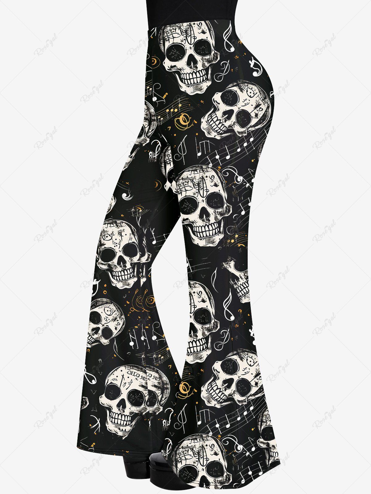 Gothic Skulls Music Symbol Print Halloween Flare Pants Noir 6X