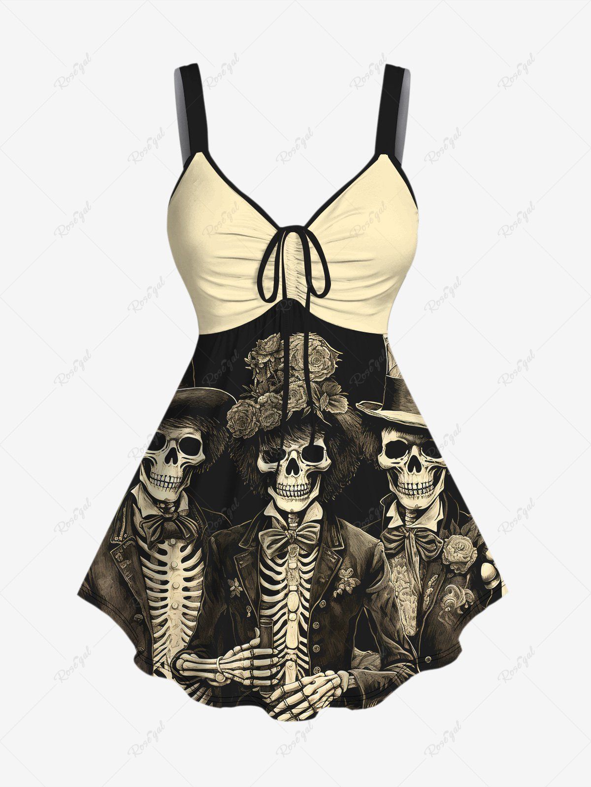 Trendy Gothic Halloween Skeleton Floral Hat Print Cinched Tank Top  