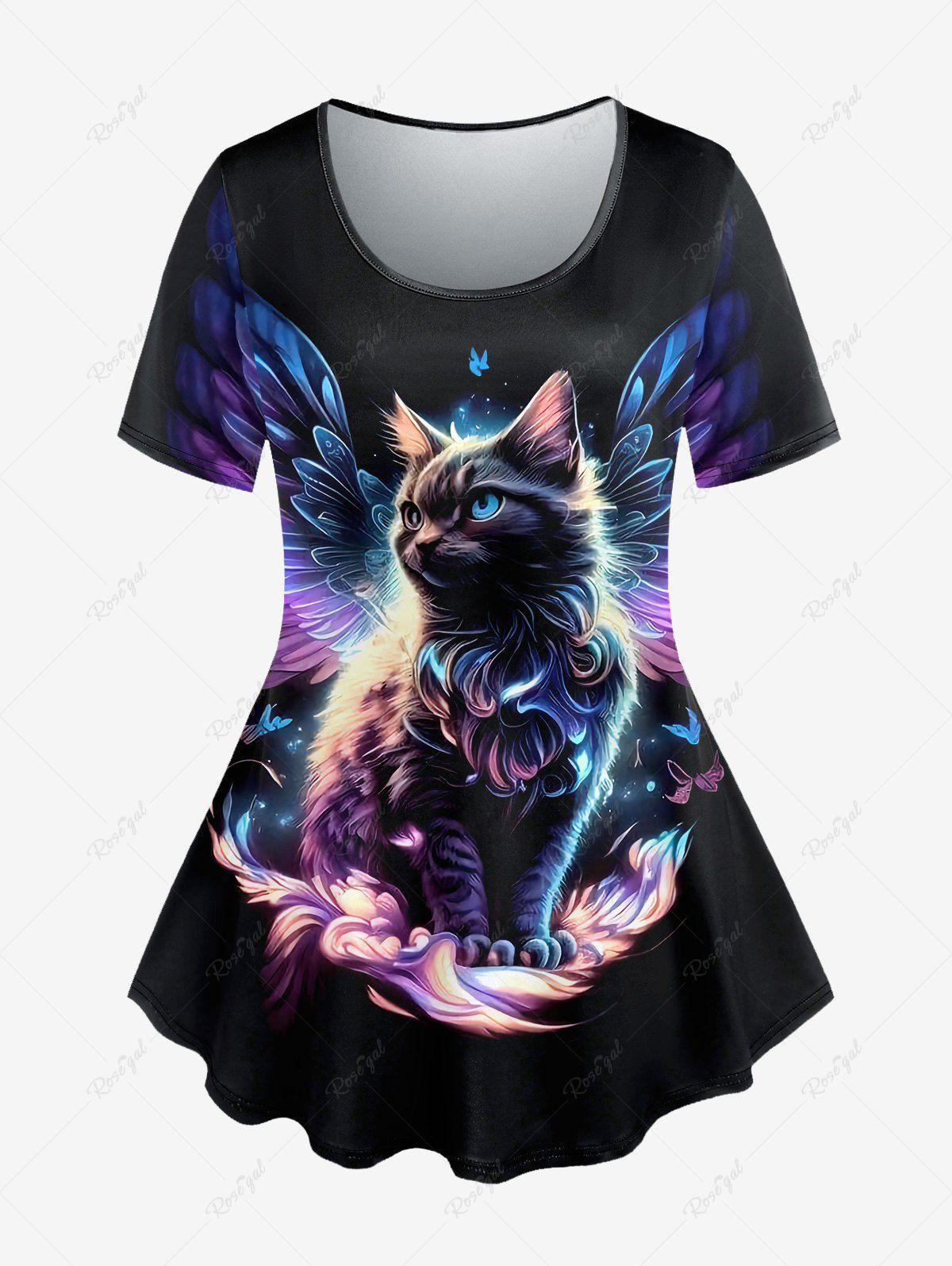 Trendy Plus Size Cat Wings Butterfly Glitter Print T-shirt  