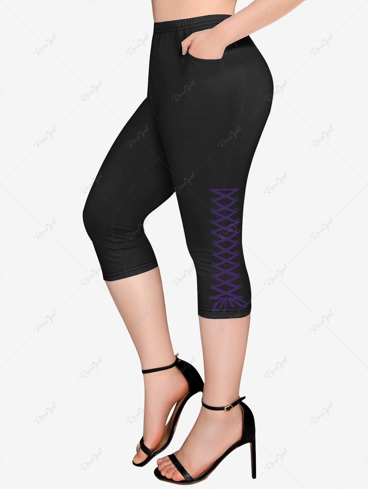 Buy Plus Size 3D Lace Up Print Pockets Capri Leggings  