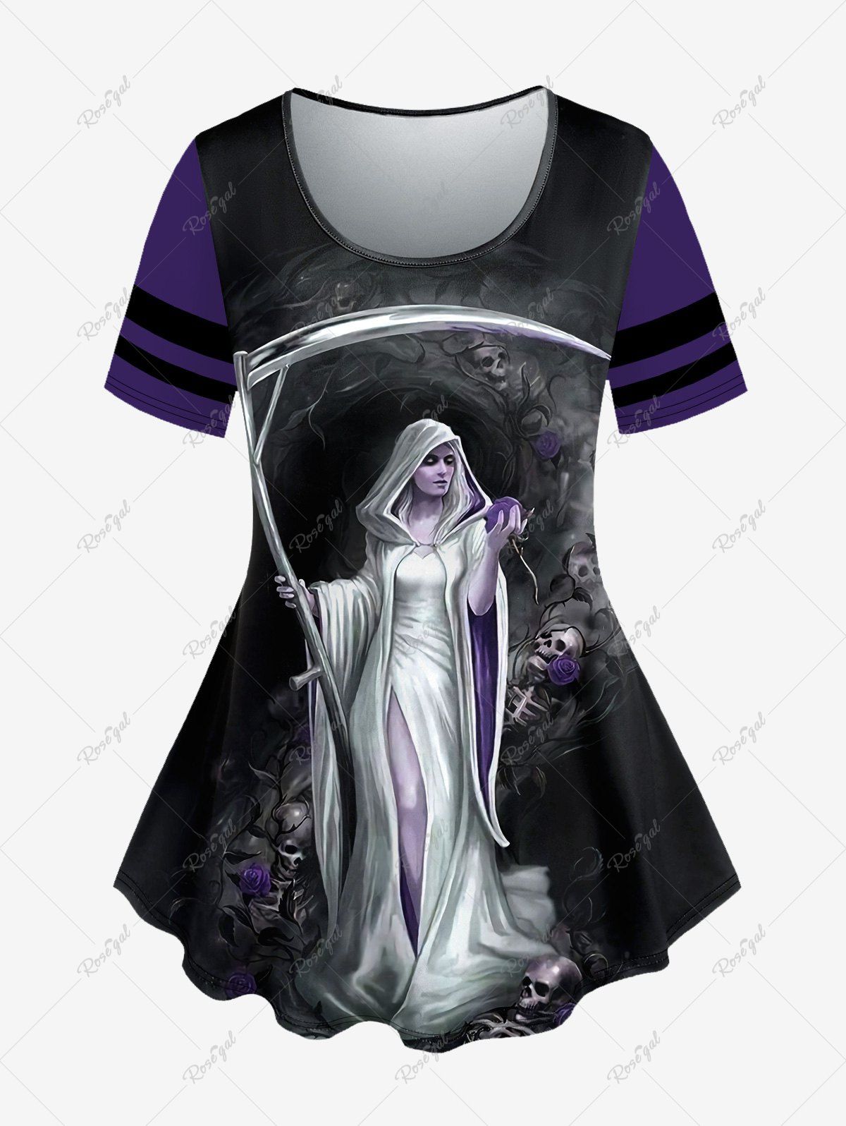 Outfit Plus Size Halloween Skull Flower Witch Print T-shirt  