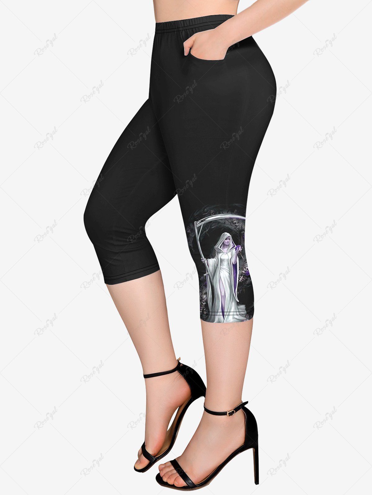 Legging Capri D'Halloween Fleur et Crâne Imprimées avec Poches de Grande Taille Noir 6X