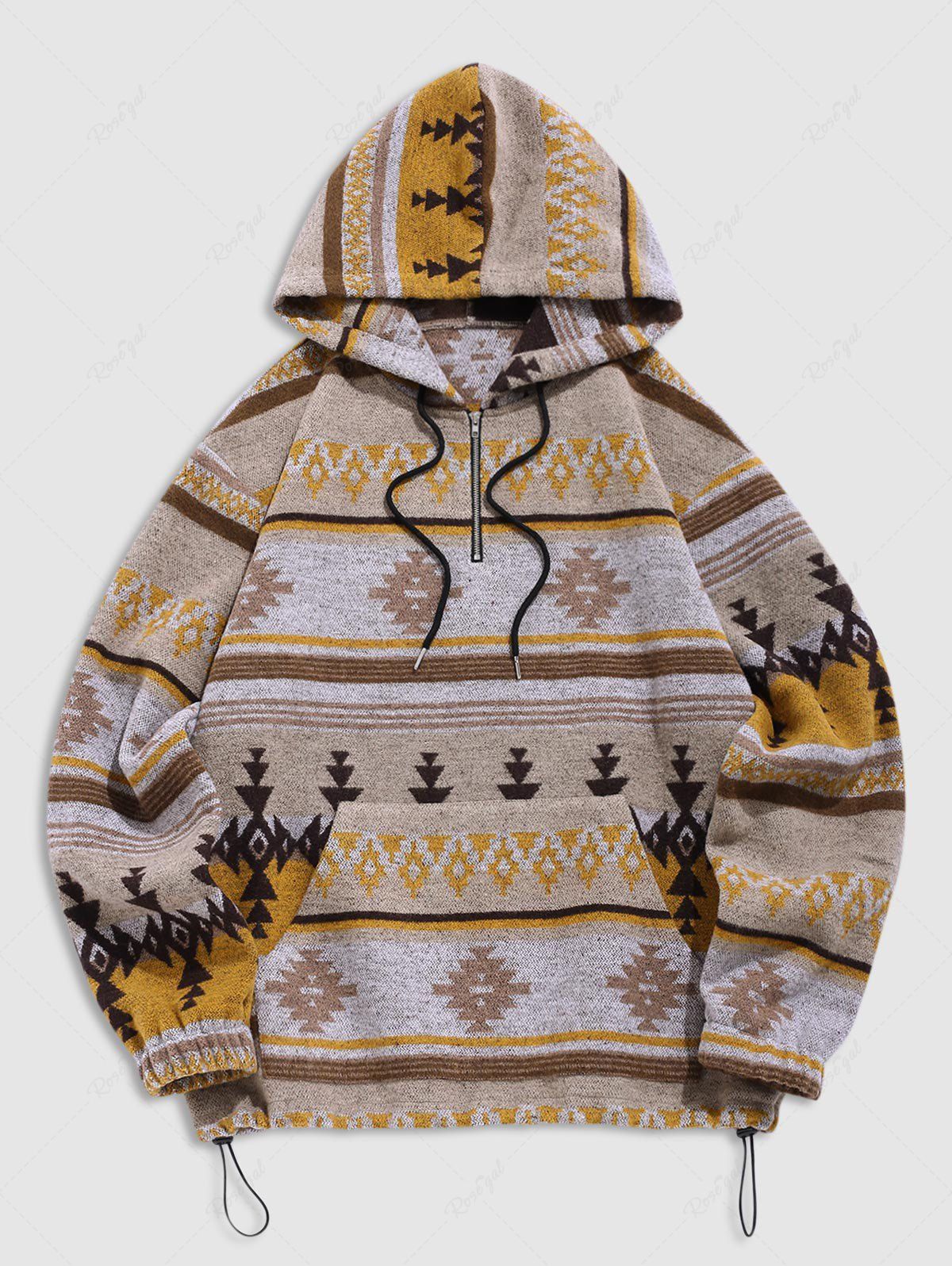 Outfit Men's Ethnic Aztec Print Fleece Zip Placket Toggle Drawstring Kangaroo Pocket Pullover Hoodie  