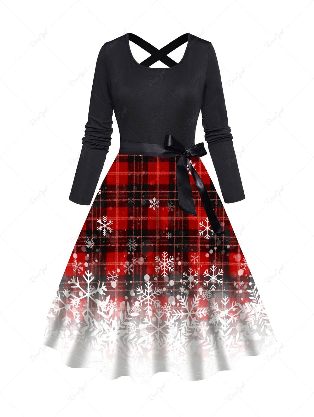 Trendy Christmas Snowflake Plaid Print Long Sleeve Belted Dress  