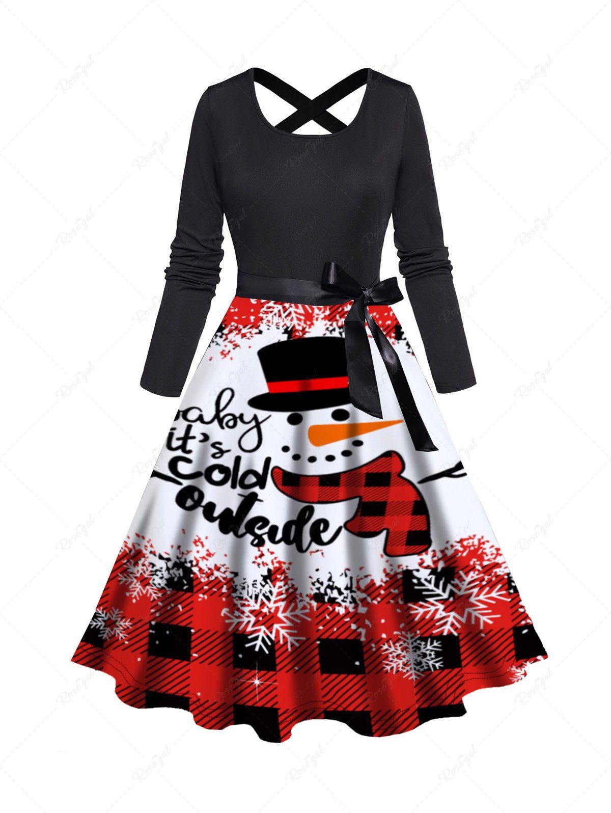 Hot Christmas Cute Snowman Letter Plaid Print Bowknot Belted Long Sleeve Dress  