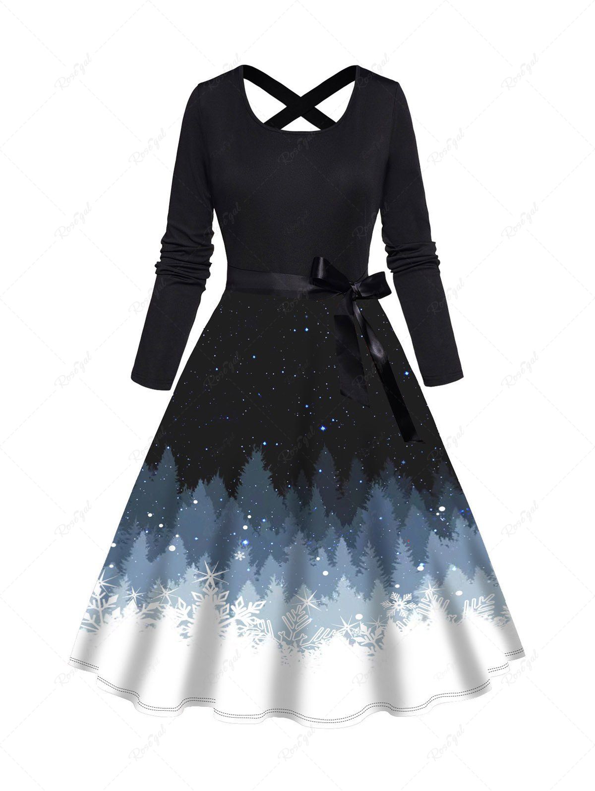 Shop Christmas Tree Galaxy Print Crisscross Bowknot Belted Long Sleeve Dress  
