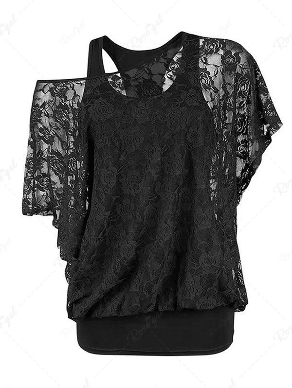 Sale Solid Color Cami Top And Sheer Rose Lace Bat Sleeve Skew Neck T Shirt Two Piece Top  