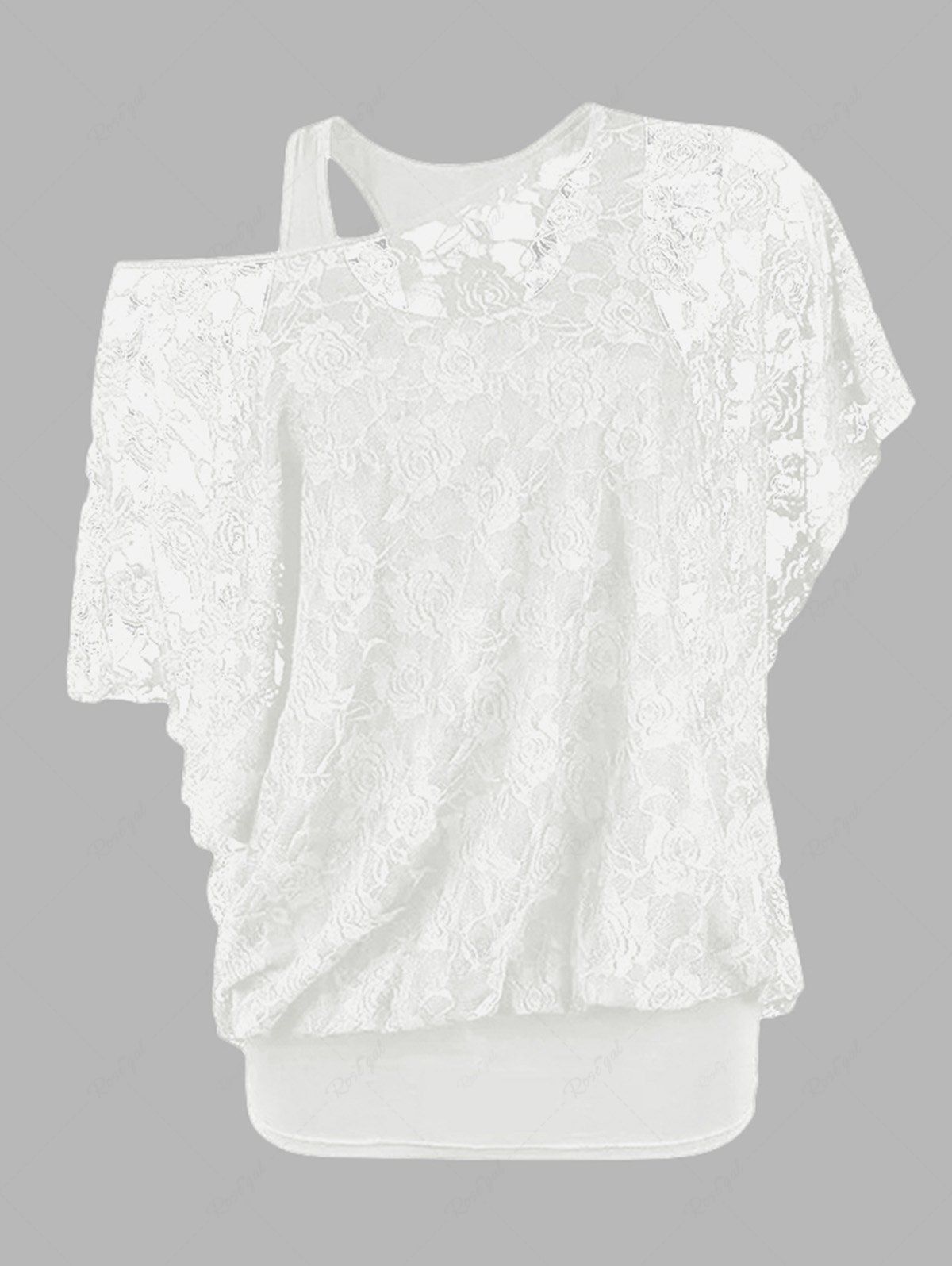 Affordable Solid Color Cami Top And Sheer Rose Lace Bat Sleeve Skew Neck T Shirt Two Piece Top  