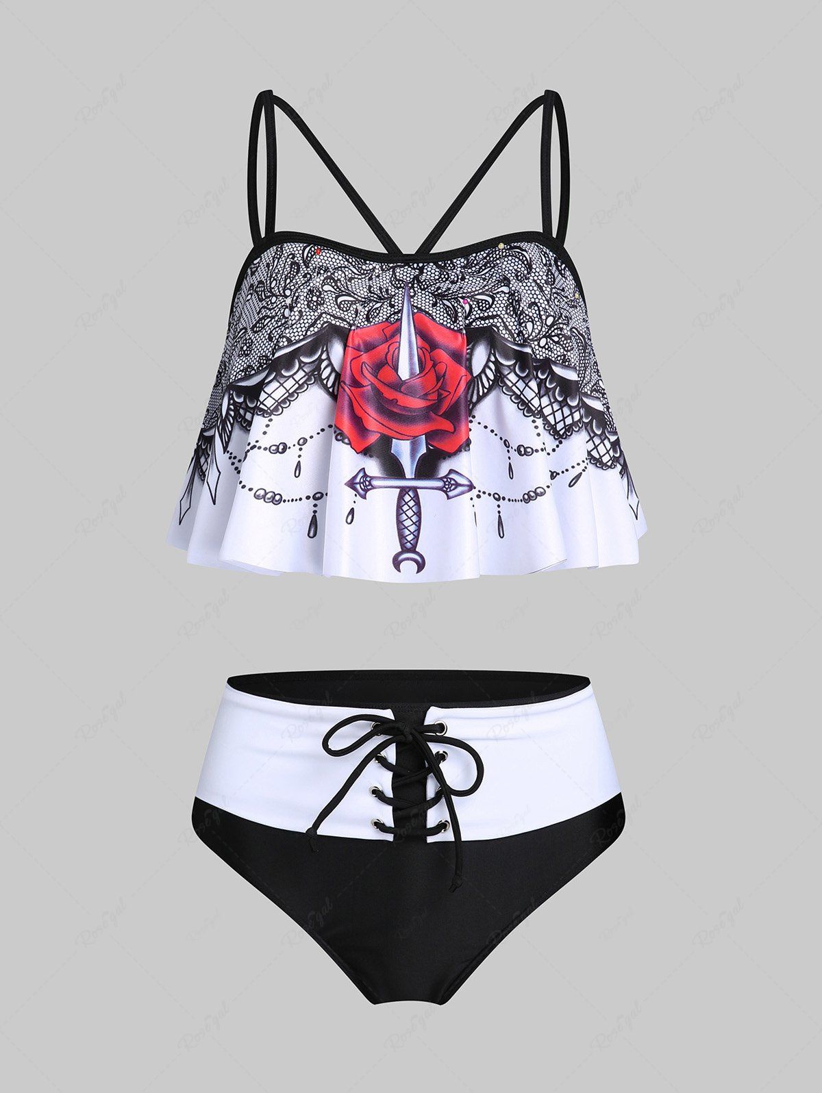 Shop Dagger Rose Print Padded Tankini Swimsuit  