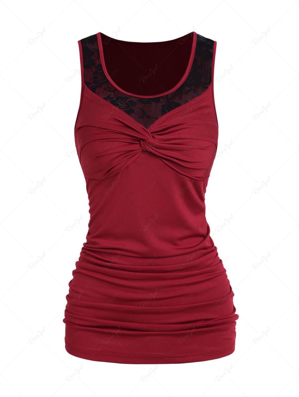 Unique See Thru Rose Lace Panel Twisted Ruched Casual Tank Top  