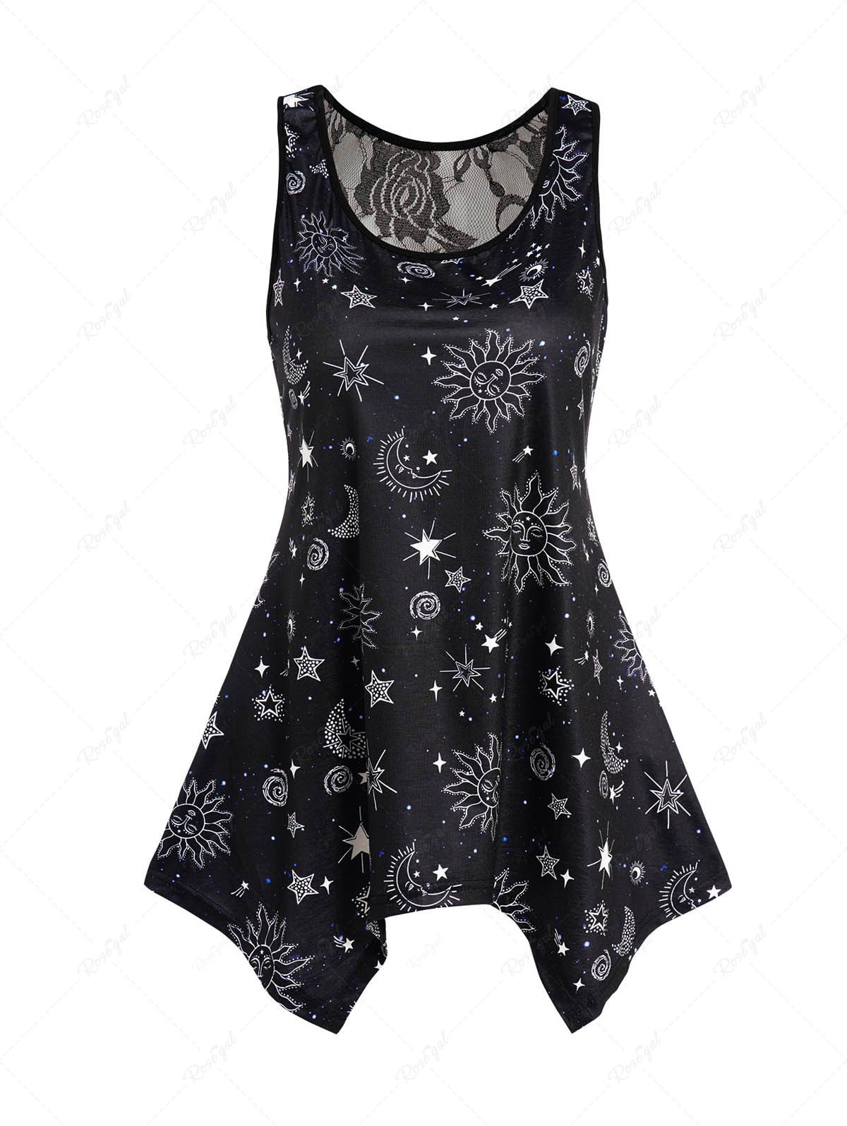 Outfit Celestial Sun Moon Star Allover Print Lace Panel Asymmetric Tank Top  