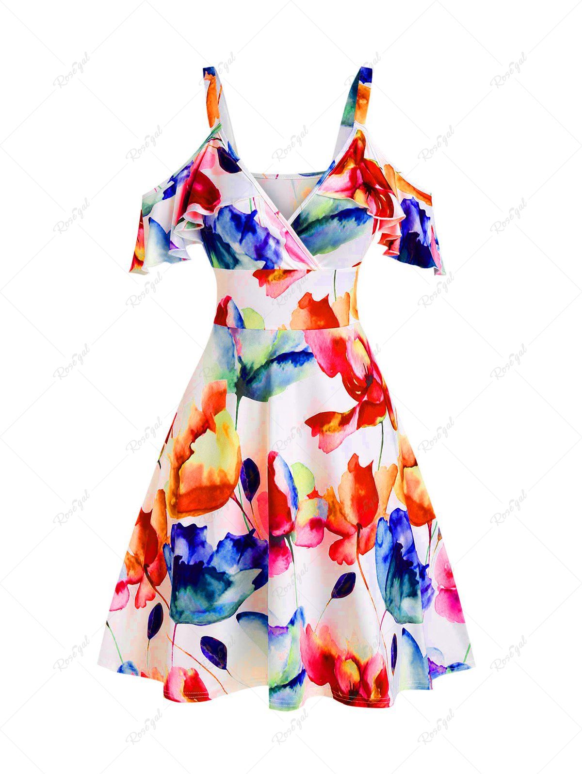 Store Floral Printed Cold Shoulder A Line Dress  