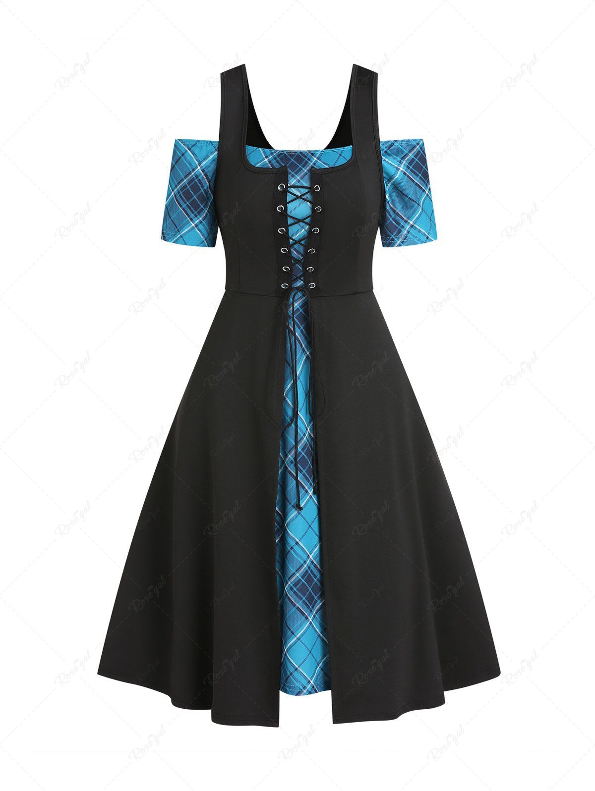 Fashion Plaid Print Off the Shoulder High Waisted Dress and Lace Up Solid Color Tank Dress Two Piece Set  