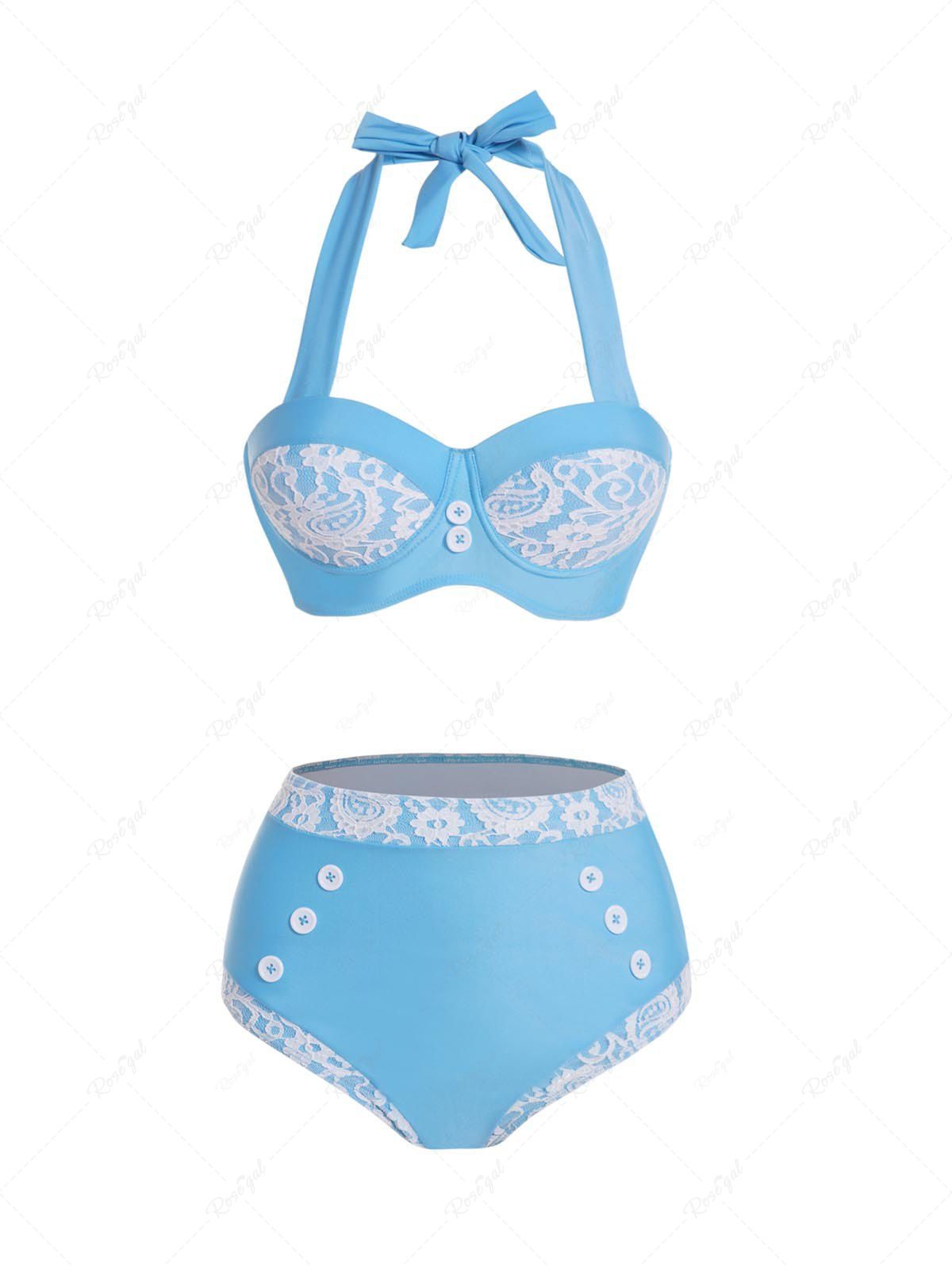 Ensemble de Bikini de Bain Tankini Fleur Panneau en Dentelle à Armature avec Bouton à Col Halter Bleu clair M