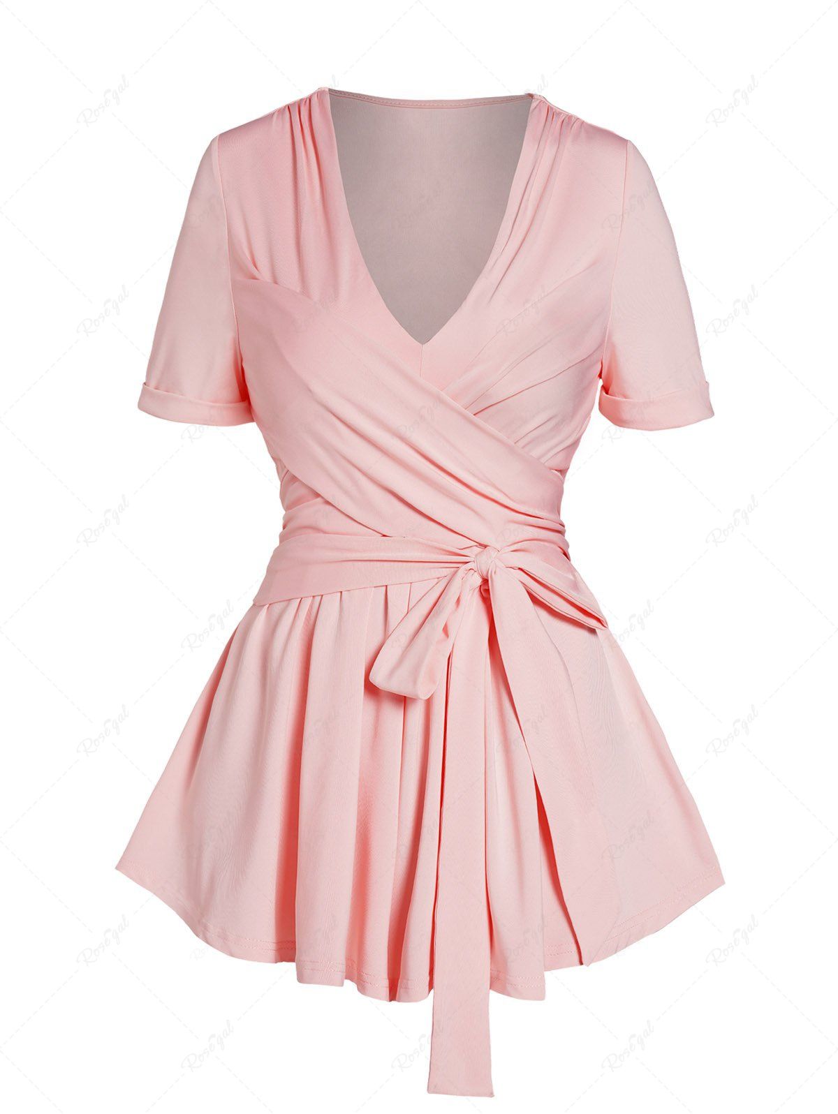 Cheap Crossover Bowknot Belt V Neck Short Sleeve Top  