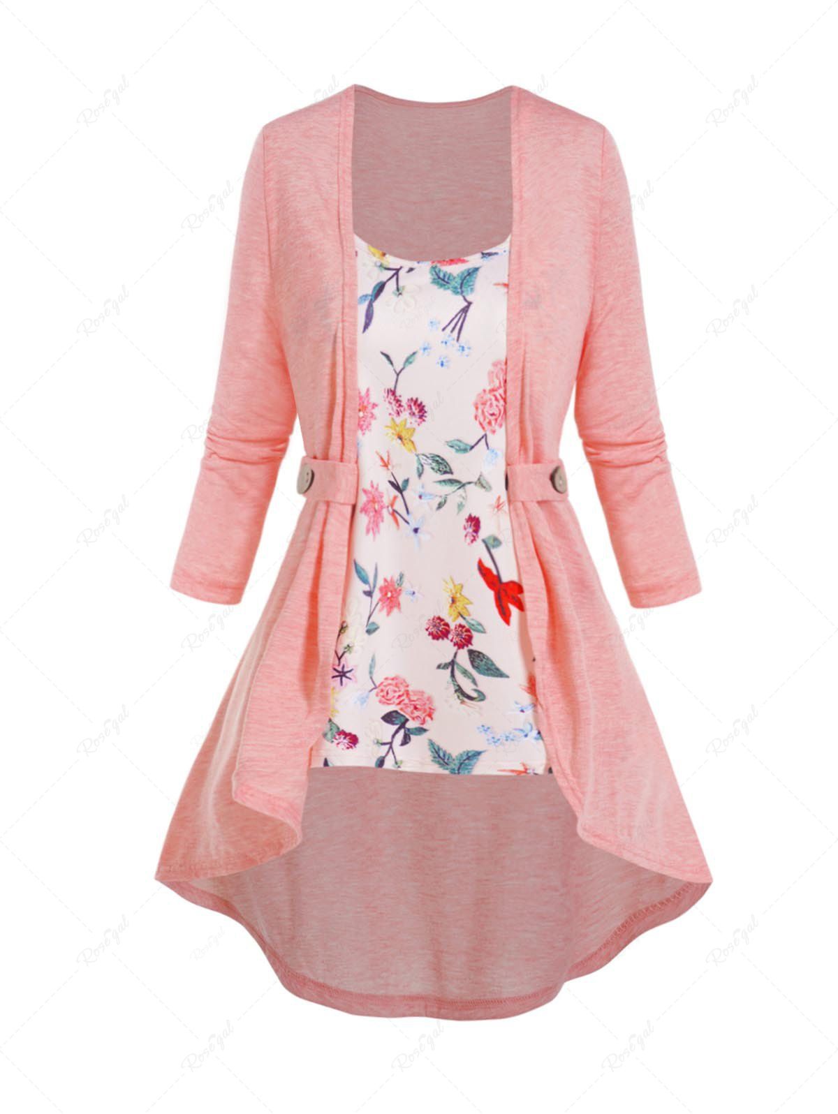 New Long Sleeve Asymmetric Top And Allover Flower Print Camisole Two Piece Set  