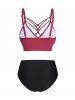 Maillot de Bain Tankini à Imprimé Fleuri à Coupe Haute en Treillis - Rouge foncé M