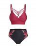 Maillot de Bain Tankini à Imprimé Fleuri à Coupe Haute en Treillis - Rouge foncé XXXL