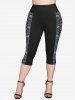 Plus Size Grommets Buckles 3D Print Pockets Capri Leggings -  