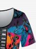 Gothic Skull Guitar Colorful Colorblock Print Halloween Short Sleeves T-shirt - Multi-A 2X