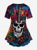 Gothic Skull Guitar Colorful Colorblock Print Halloween Short Sleeves T-shirt - Multi-A 4X