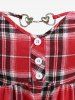 Plus Size Plaid Heart Buckle Buttons Off Shoulder Poet Sleeves Ruched T-shirt -  