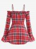 Plus Size Plaid Heart Buckle Buttons Off Shoulder Poet Sleeves Ruched T-shirt -  
