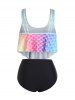 Flounce Overlay Mermaid Butterfly Print Tummy Control Tankini Swimwear -  