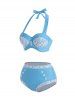 Tummy Control Flower Lace Panel Underwire Mock Button Halter Tankini Swimsuit -  