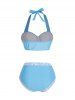 Tummy Control Flower Lace Panel Underwire Mock Button Halter Tankini Swimsuit -  