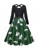 Christmas Tree Elk Plaid Print Long Sleeve Belted Combo Dress -  