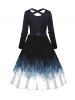 Christmas Tree Galaxy Print Crisscross Bowknot Belted Long Sleeve Dress -  
