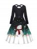 Christmas Snowflake Snowman Print Crisscross Bowknot Belted Long Sleeve Dress -  