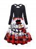 Christmas Cute Snowman Letter Plaid Print Bowknot Belted Long Sleeve Dress -  
