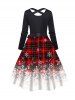 Christmas Snowflake Plaid Print Long Sleeve Belted Dress -  