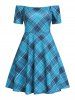 Plaid Print Off the Shoulder High Waisted Dress and Lace Up Solid Color Tank Dress Two Piece Set -  